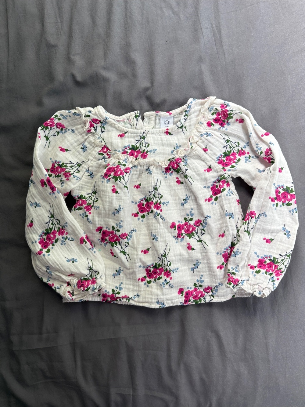 GAP White Long-Sleeve Floral Blouse with Pink Blossoms